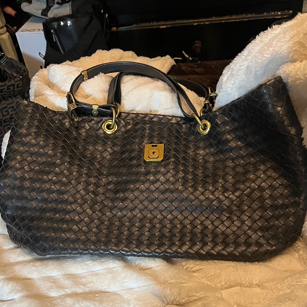 Bottega Veneta Dark Woven Shoulder Bag with Gold Accents